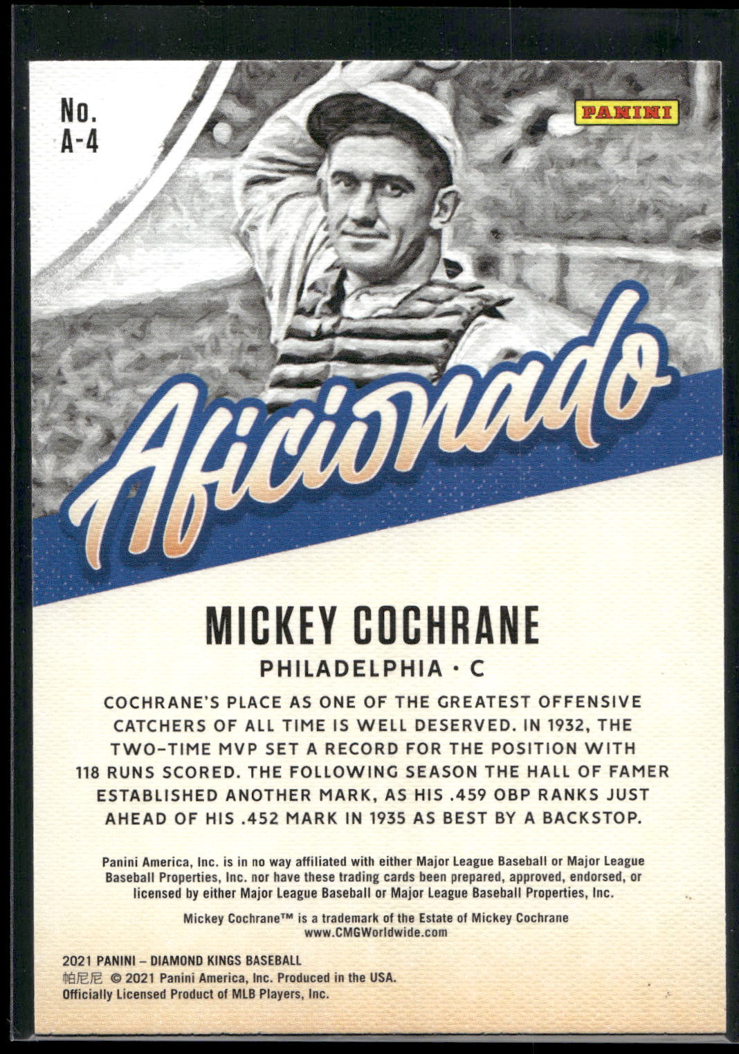 2021 Panini Diamond Kings #A-4 Mickey Cochrane Aficionado