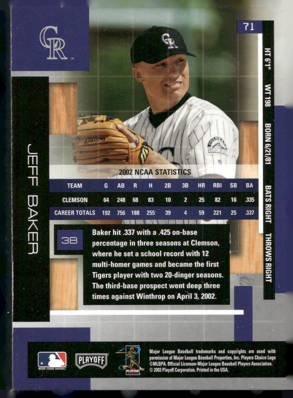2003 Playoff Absolute Memorabilia #71 Jeff Baker