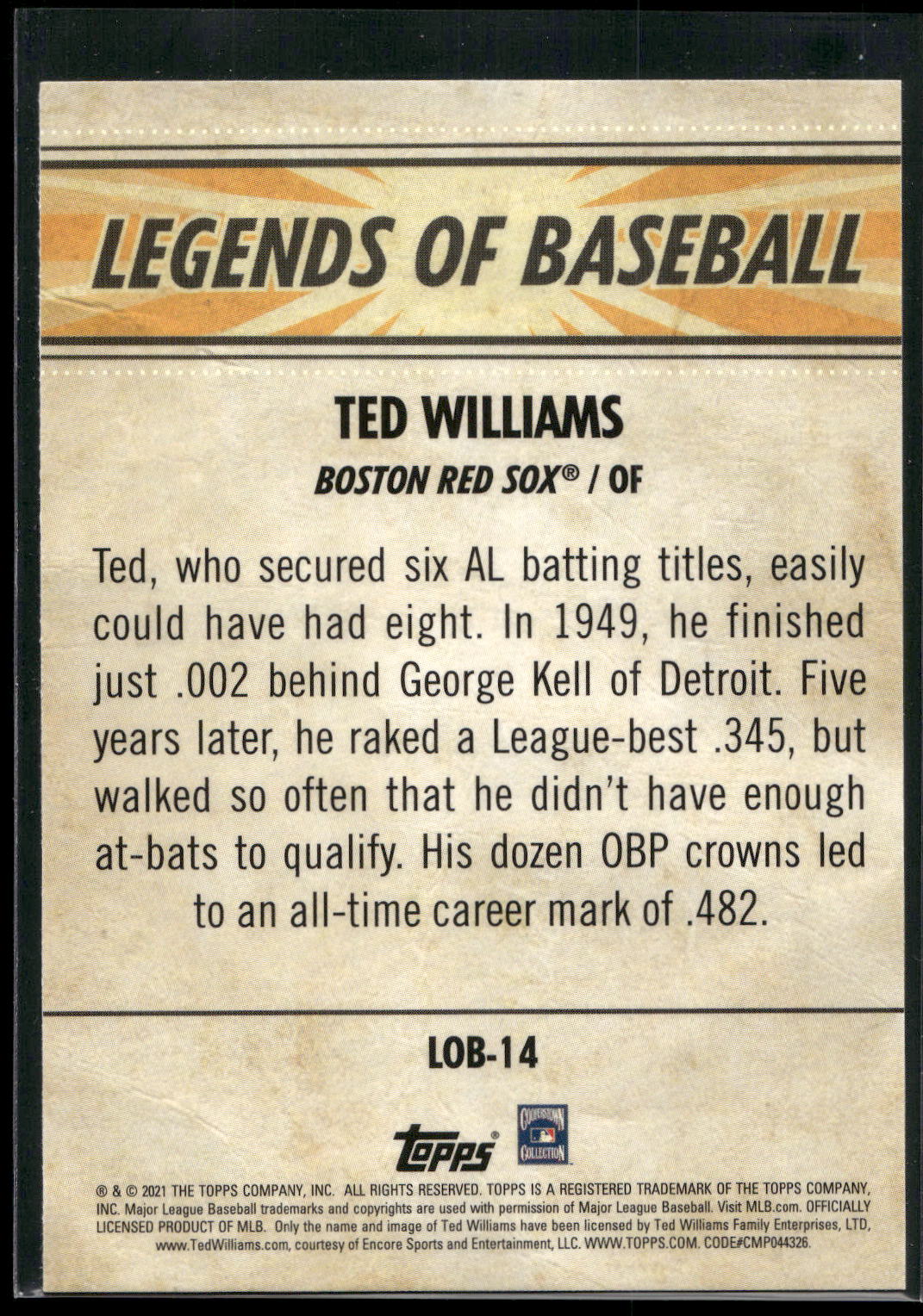 2021 Topps Opening Day #LOB-14 Ted Williams Legends of Baseball
