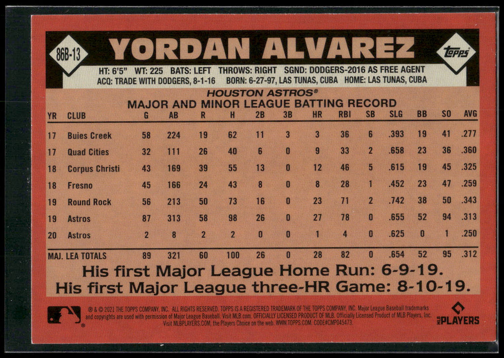 2021 Topps #86B-13 Yordan Alvarez 1986 Topps Baseball 35th