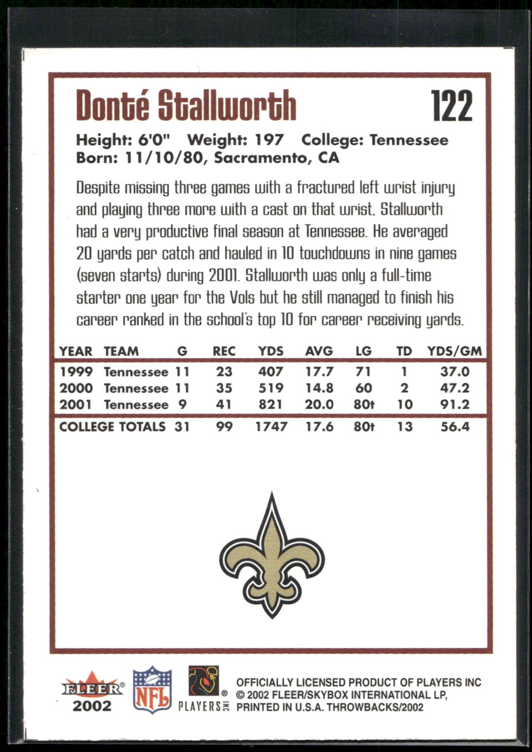 2002 Fleer Throwbacks #122 Donté Stallworth
