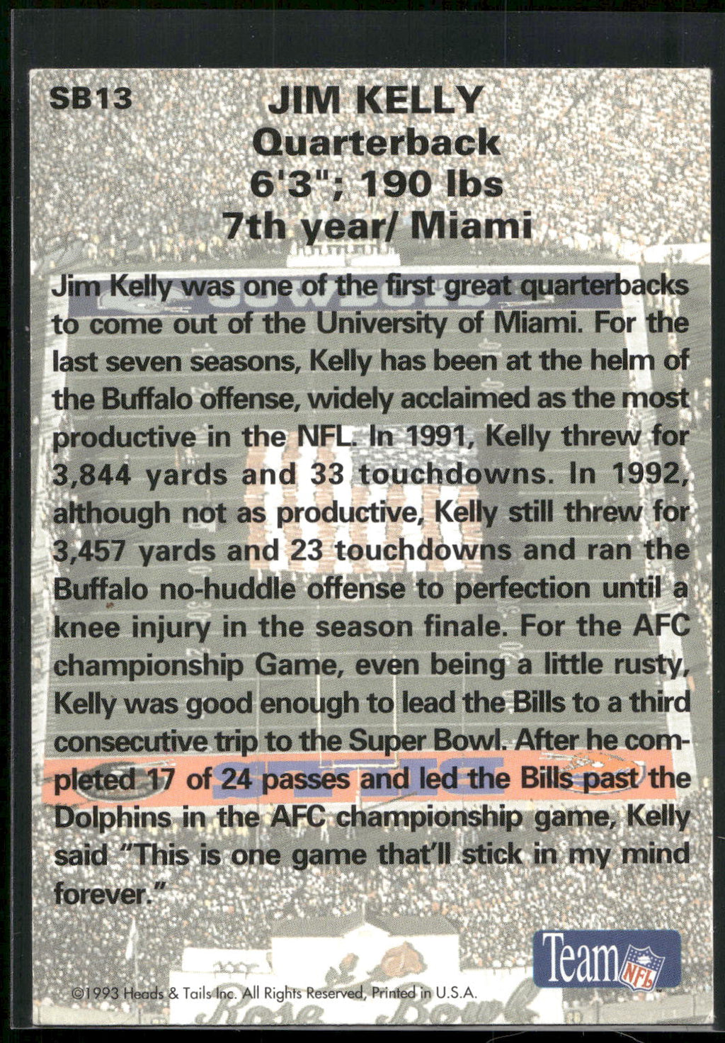 1993 Heads & Tails SB XXVII #SB13 Jim Kelly