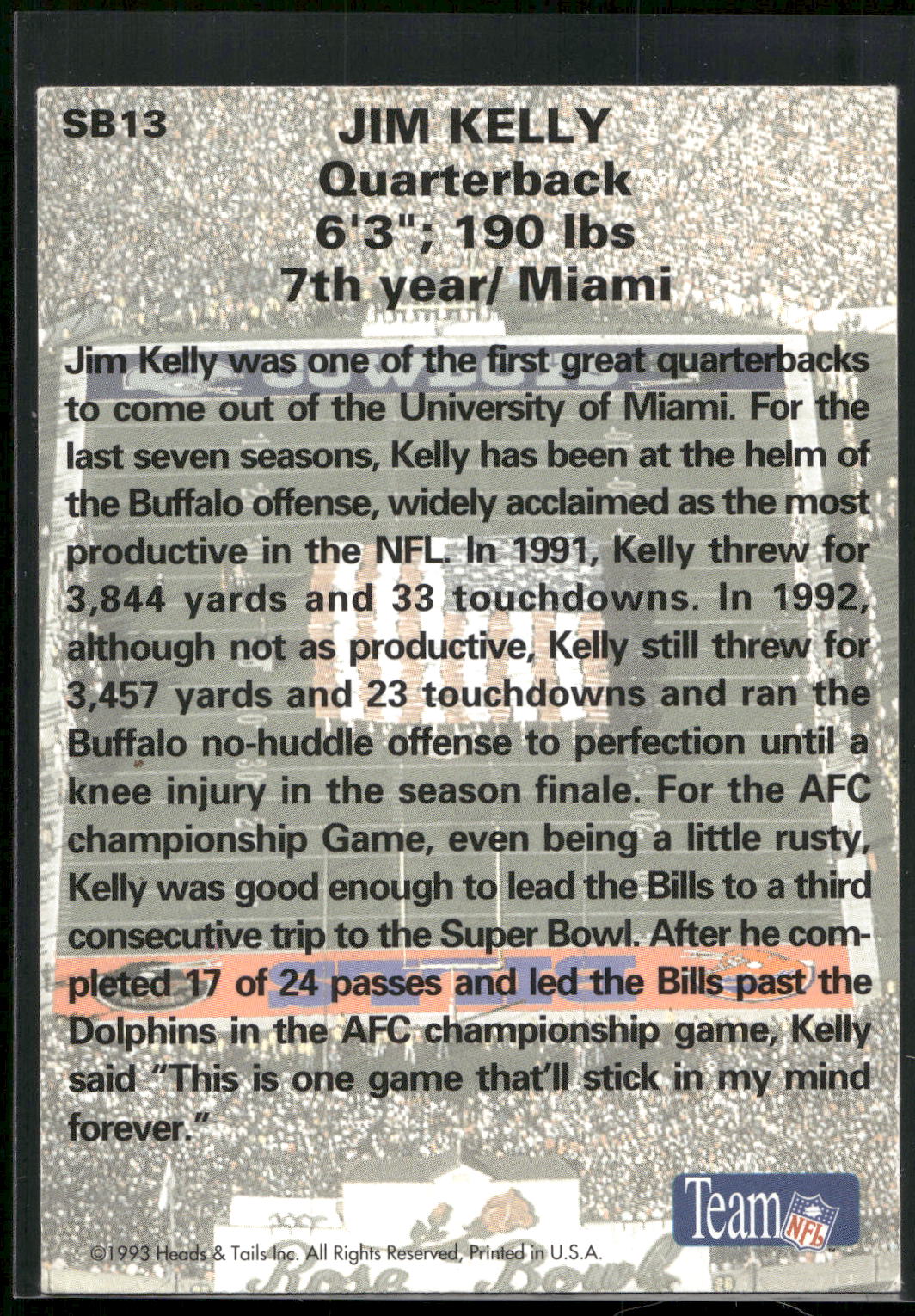 1993 Heads & Tails SB XXVII #SB13 Jim Kelly