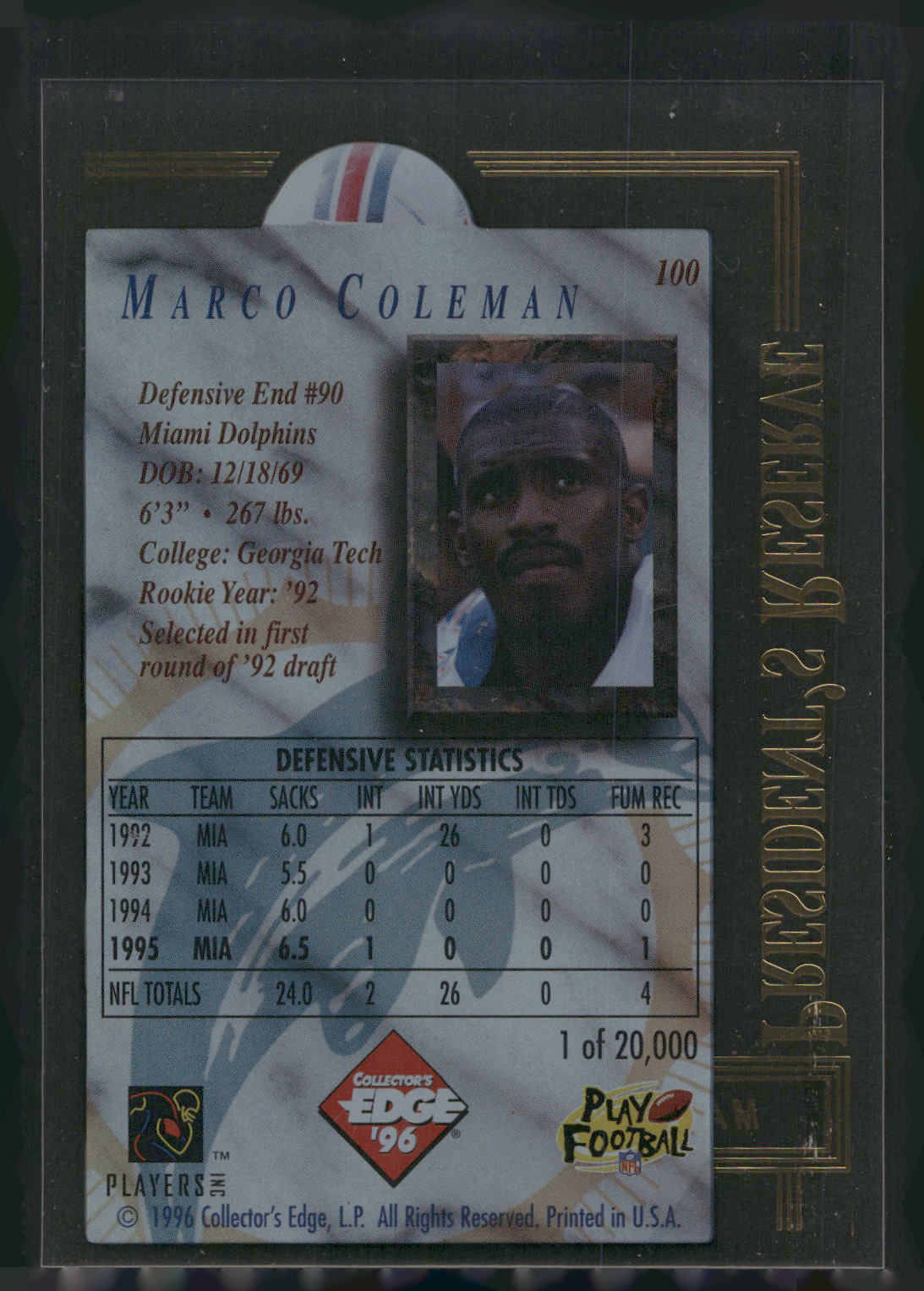 1996 Collector's Edge President's Reserve #100 Marco Coleman
