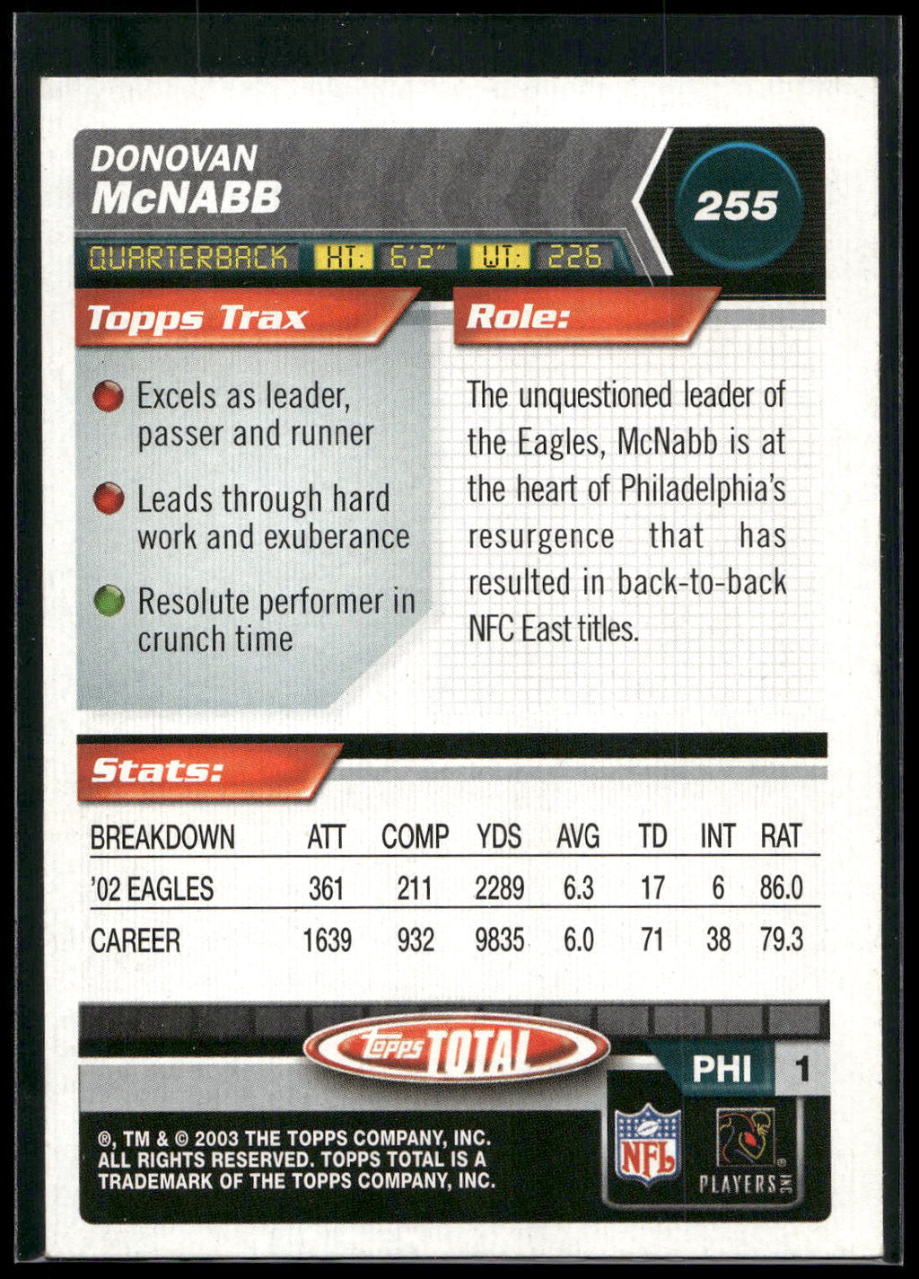 2003 Topps Total #255 Donovan McNabb