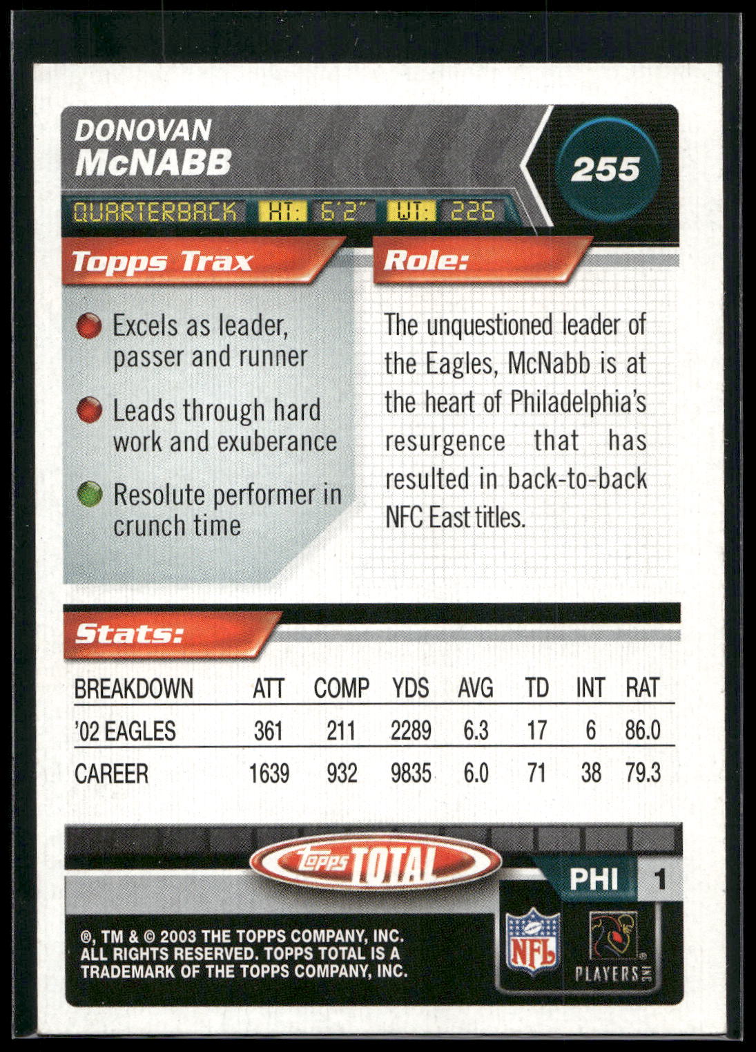 2003 Topps Total #255 Donovan McNabb