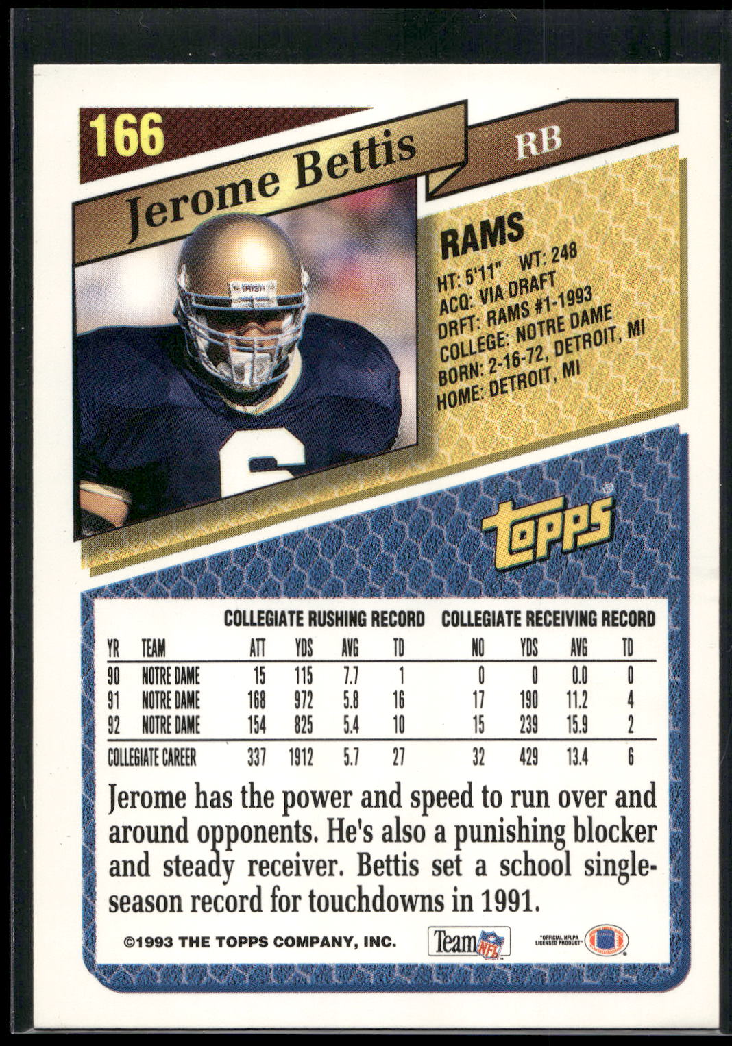 1993 Topps #166 Jerome Bettis
