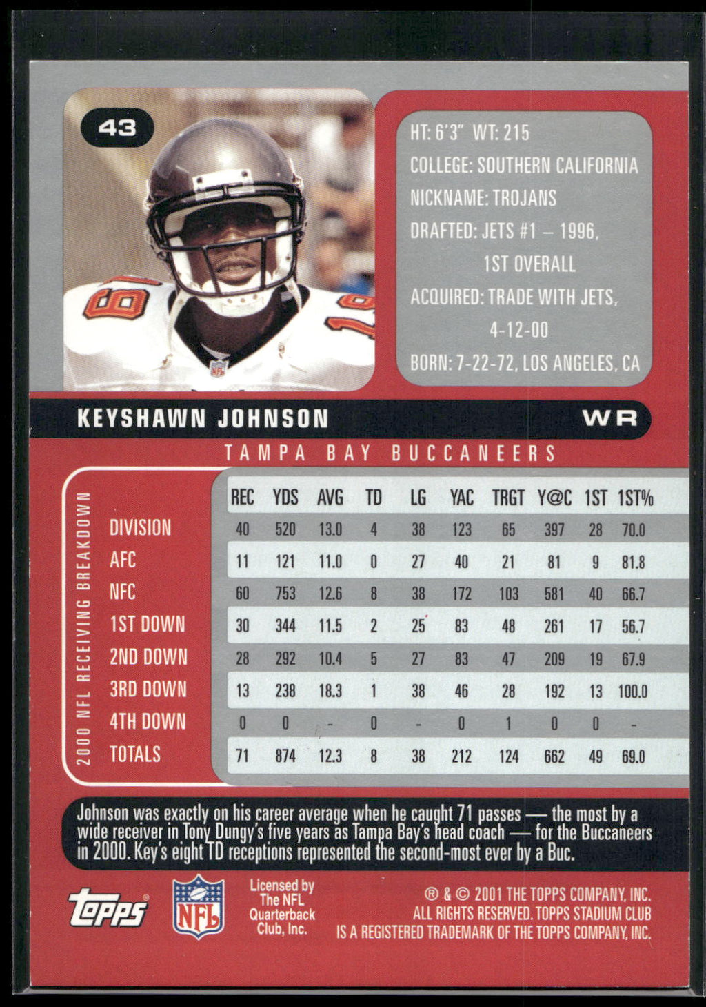 2001 Stadium Club #43 Keyshawn Johnson