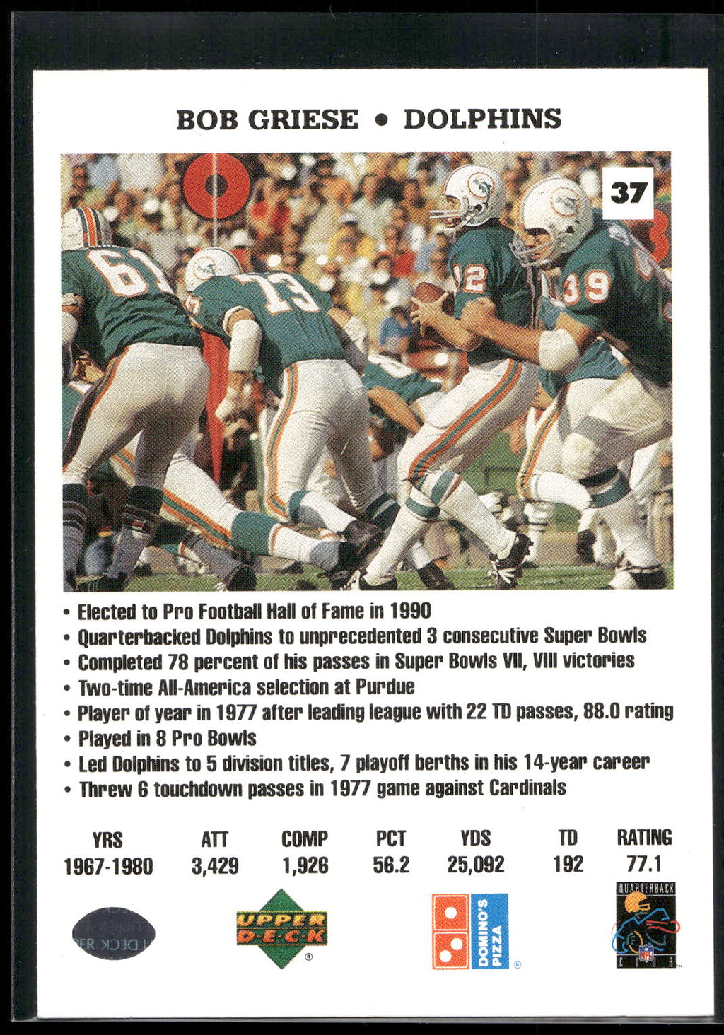 1991 Upper Deck Domino's The Quarterbacks #37 Bob Griese