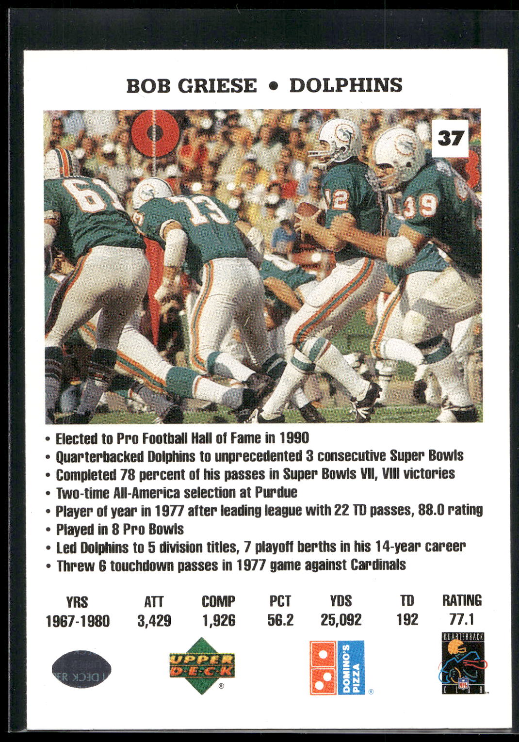 1991 Upper Deck Domino's The Quarterbacks #37 Bob Griese