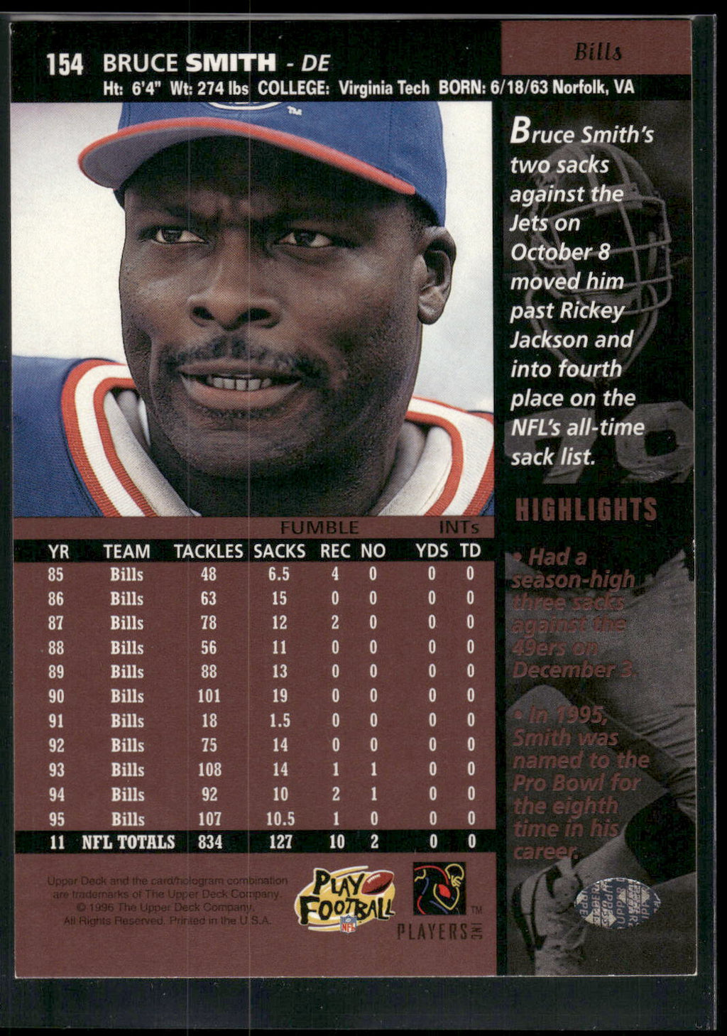 1996 Upper Deck #154 Bruce Smith