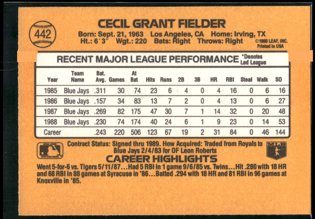 1989 Donruss #442 Cecil Fielder