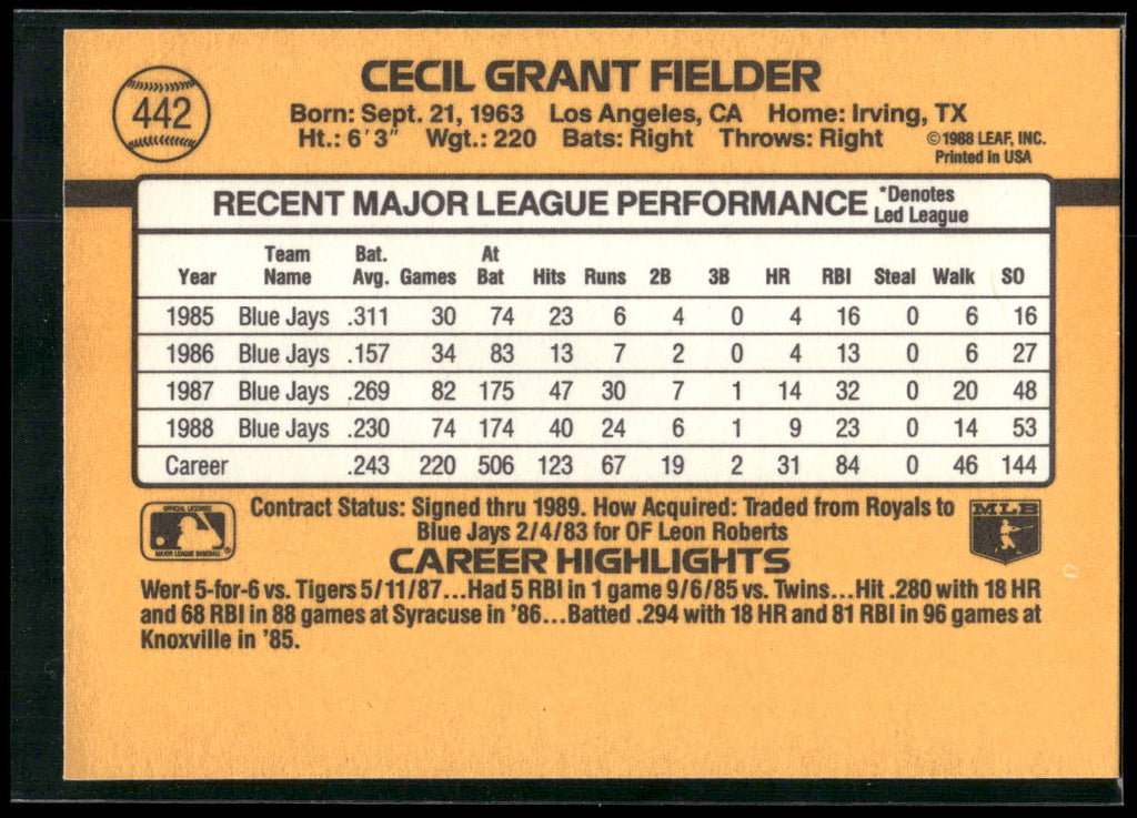 1989 Donruss #442 Cecil Fielder