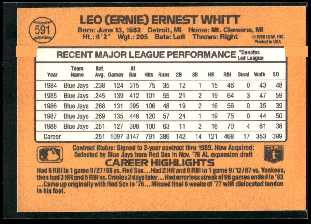 1989 Donruss #591 Ernie Whitt