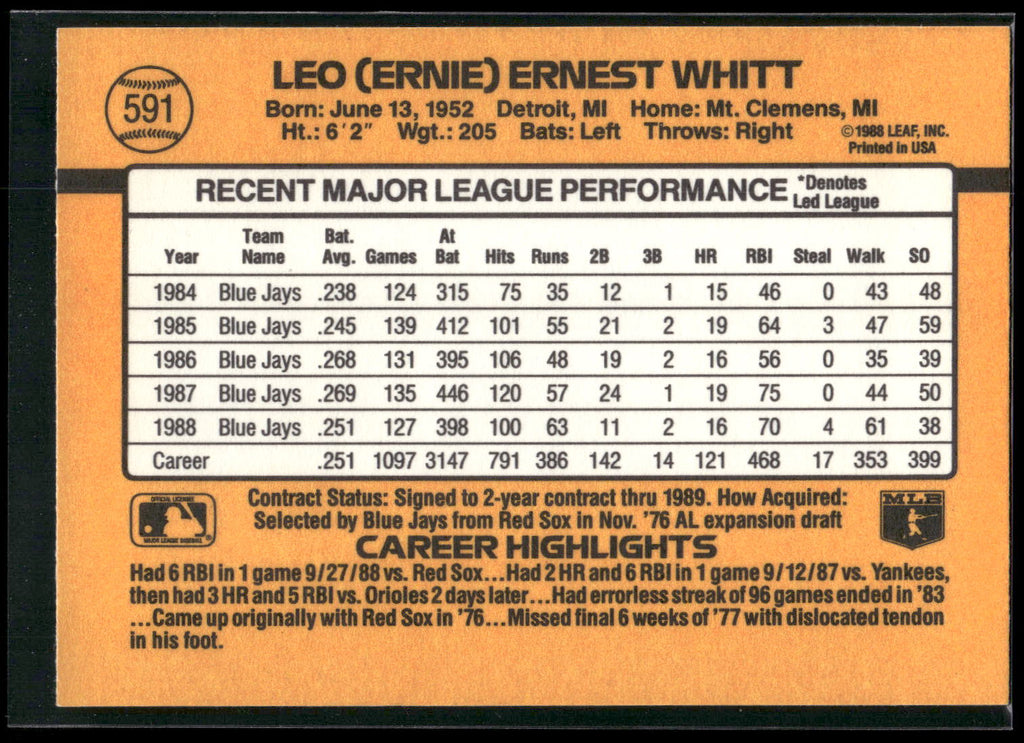 1989 Donruss #591 Ernie Whitt