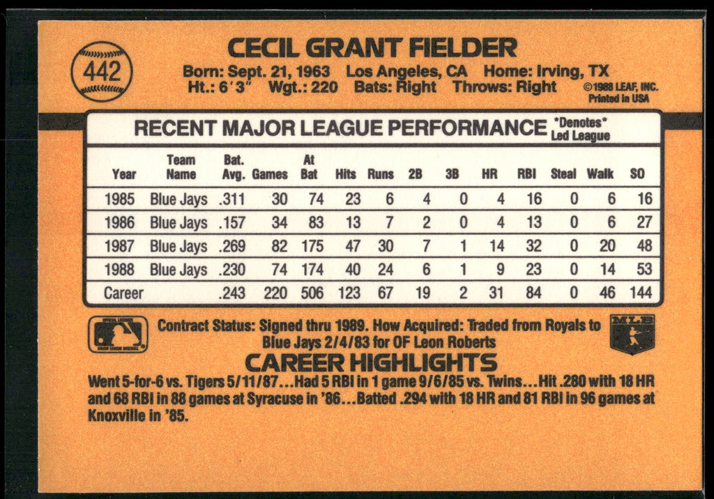 1989 Donruss #442 Cecil Fielder