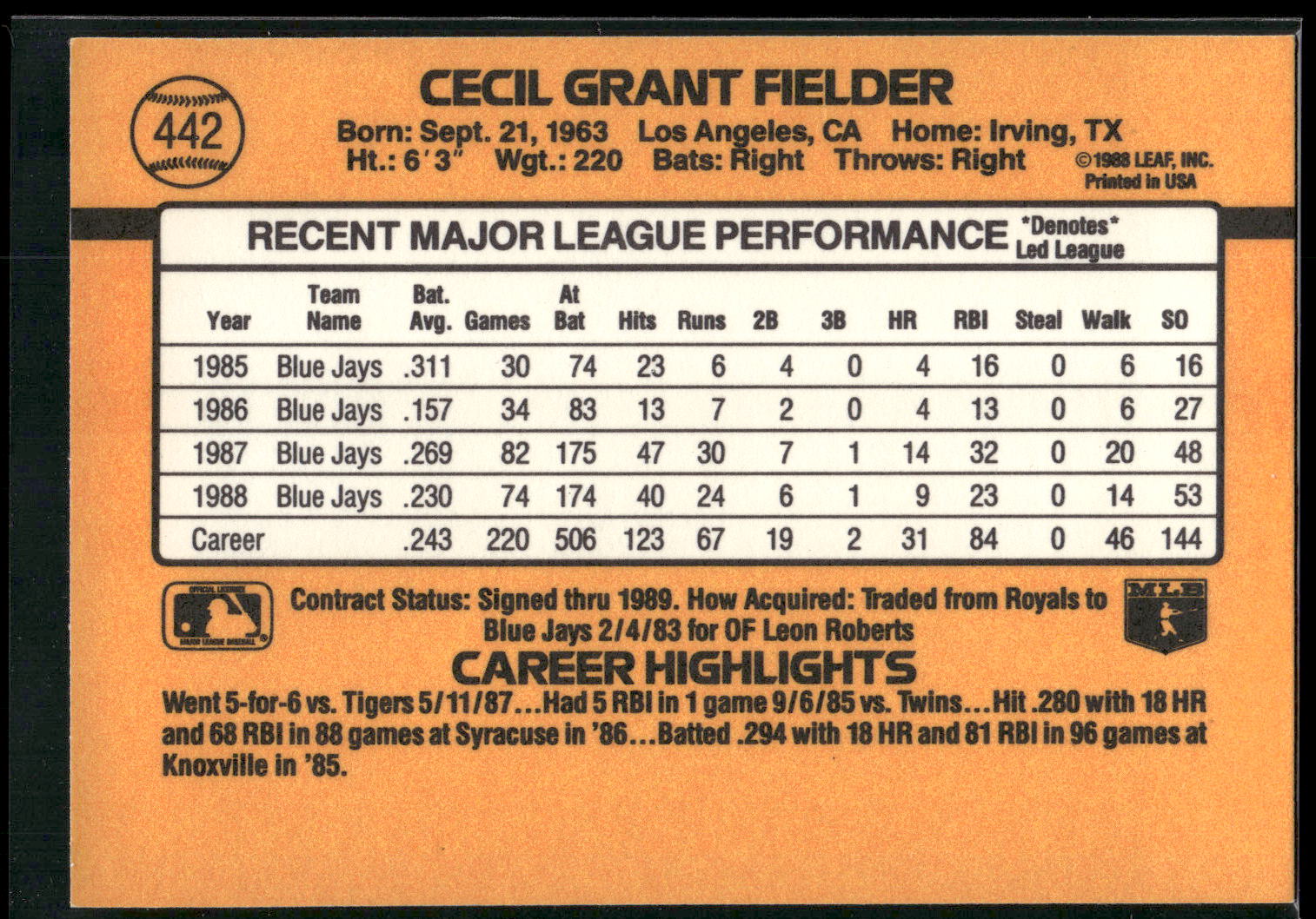1989 Donruss #442 Cecil Fielder