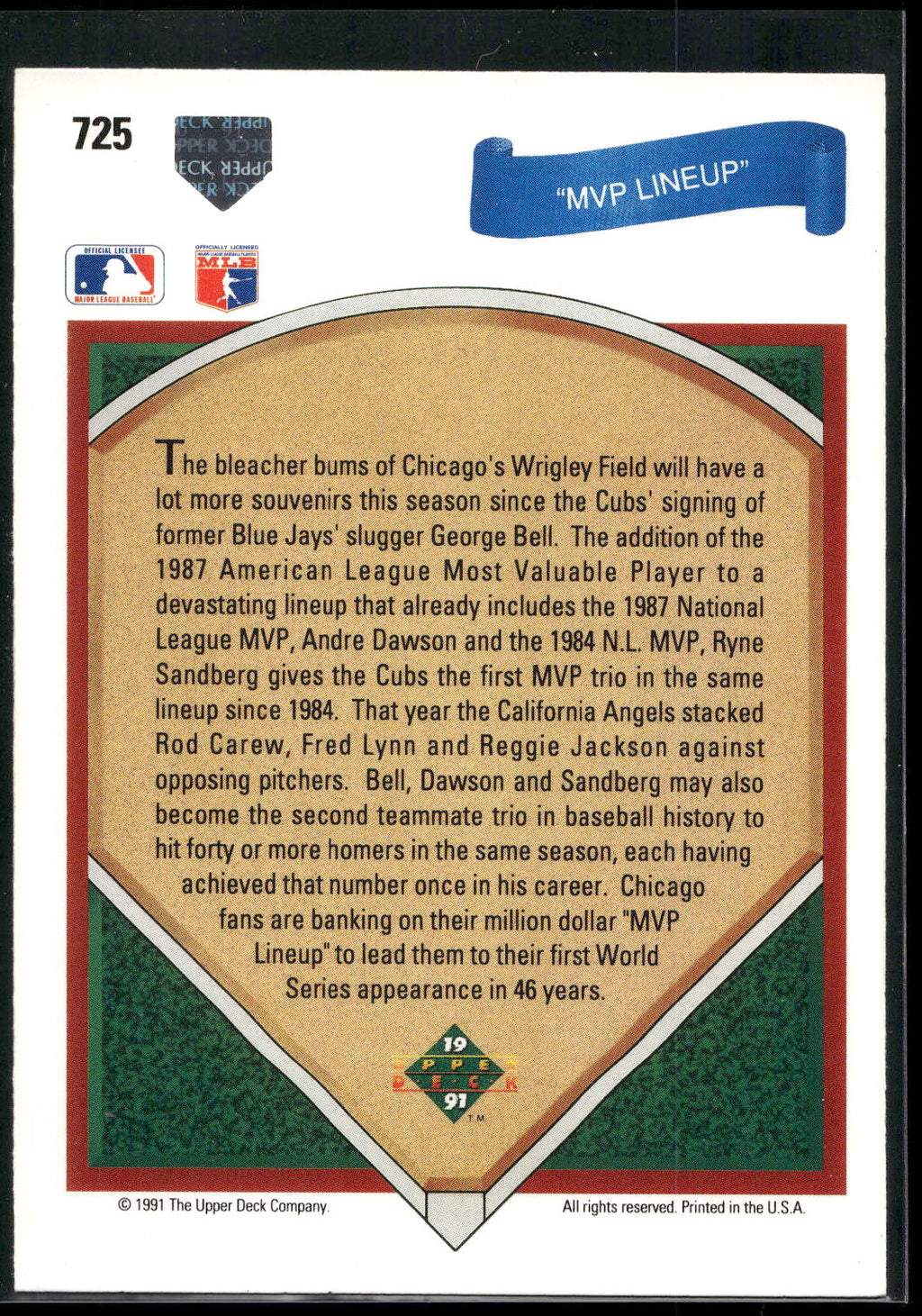 1991 Upper Deck #725 MVP Lineup (Andre Dawson / George Bell / Ryne Sandberg)
