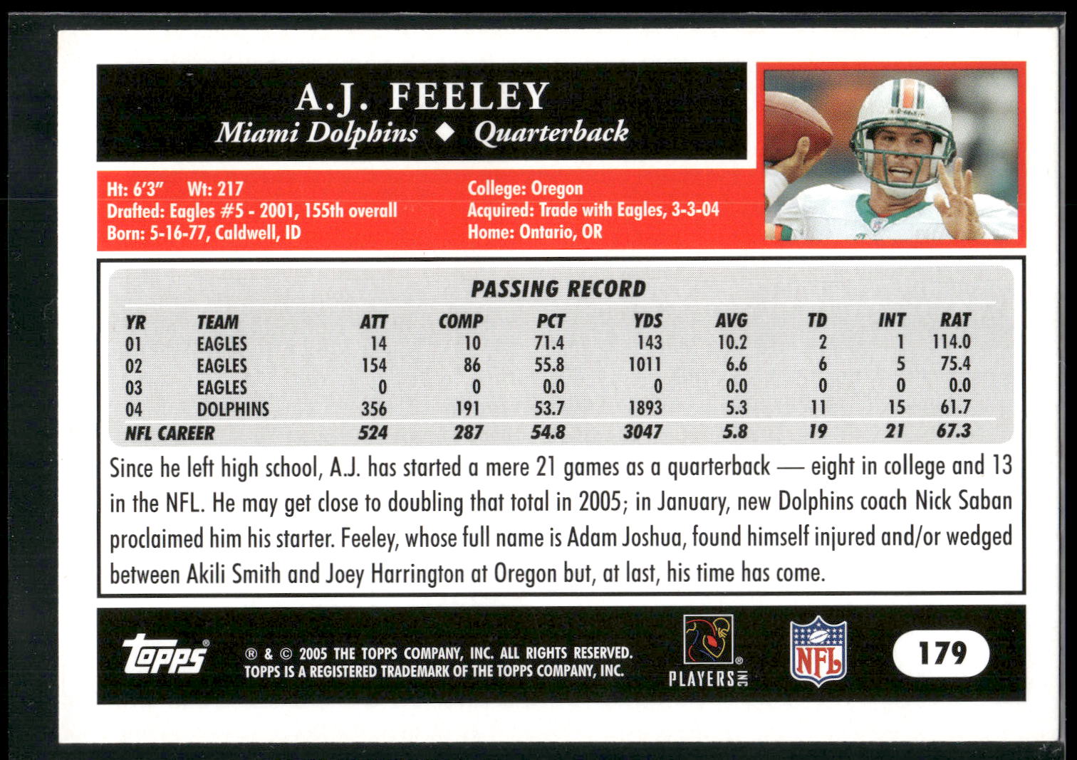 2005 Topps #179 A.J. Feeley