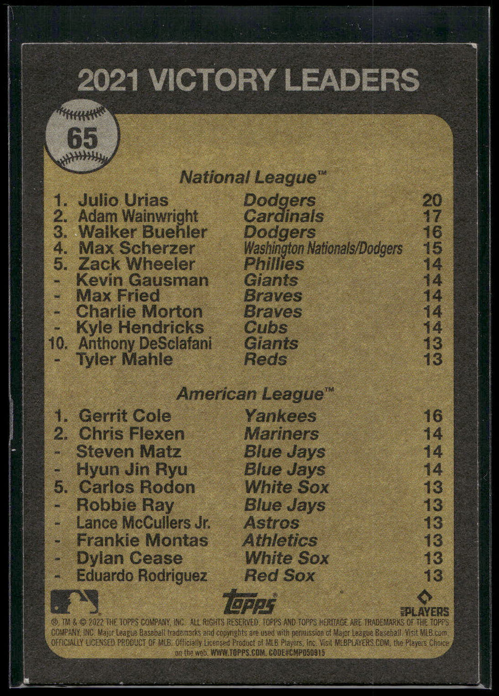 2022 Topps Heritage #65 2021 Victory Leaders (Julio Urias / Gerrit Cole)