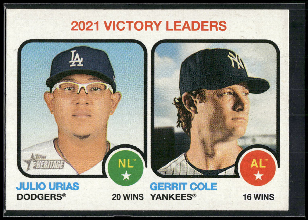 2022 Topps Heritage #65 2021 Victory Leaders (Julio Urias / Gerrit Cole)