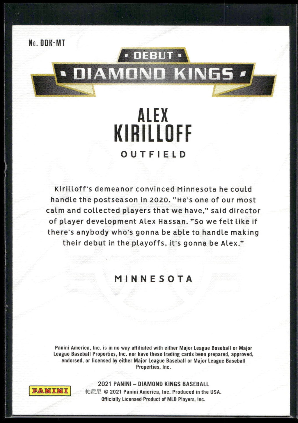 2021 Panini Diamond Kings #DDK-MT Alex Kirilloff Diamond Kings Artist Proof Blue