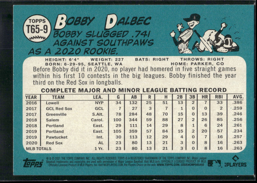 2021 Topps #T65-9 Bobby Dalbec 1965 Topps Redux