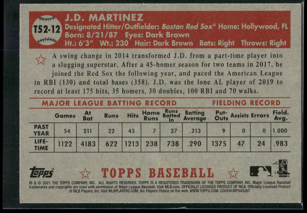 2021 Topps #T52-12 J.D. Martinez 1952 Topps Redux