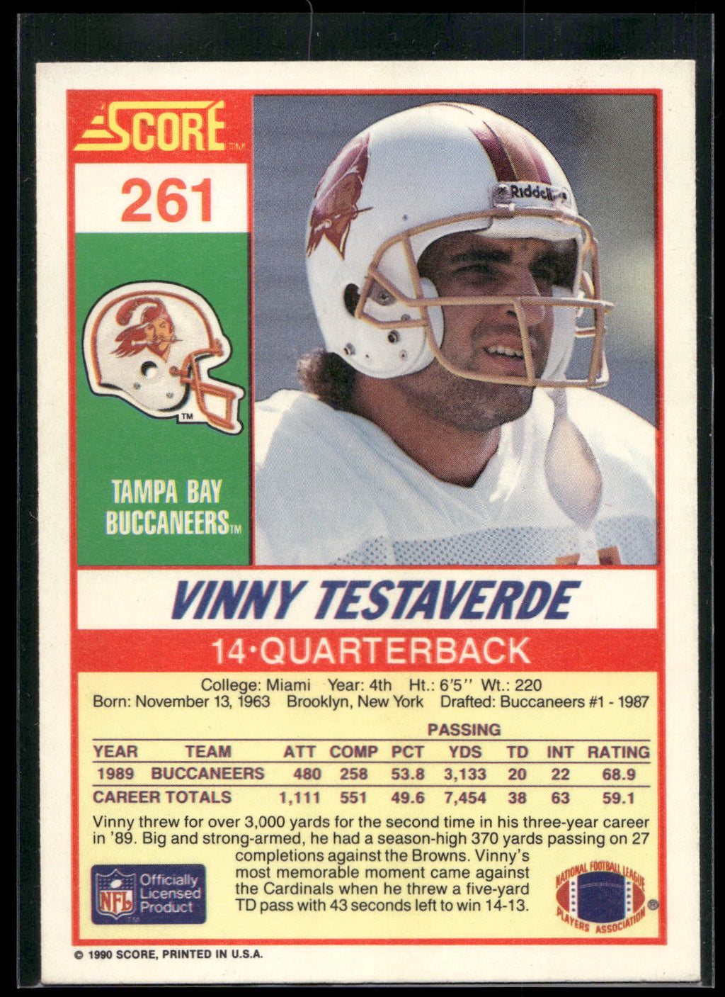 1990 Score #261 Vinny Testaverde