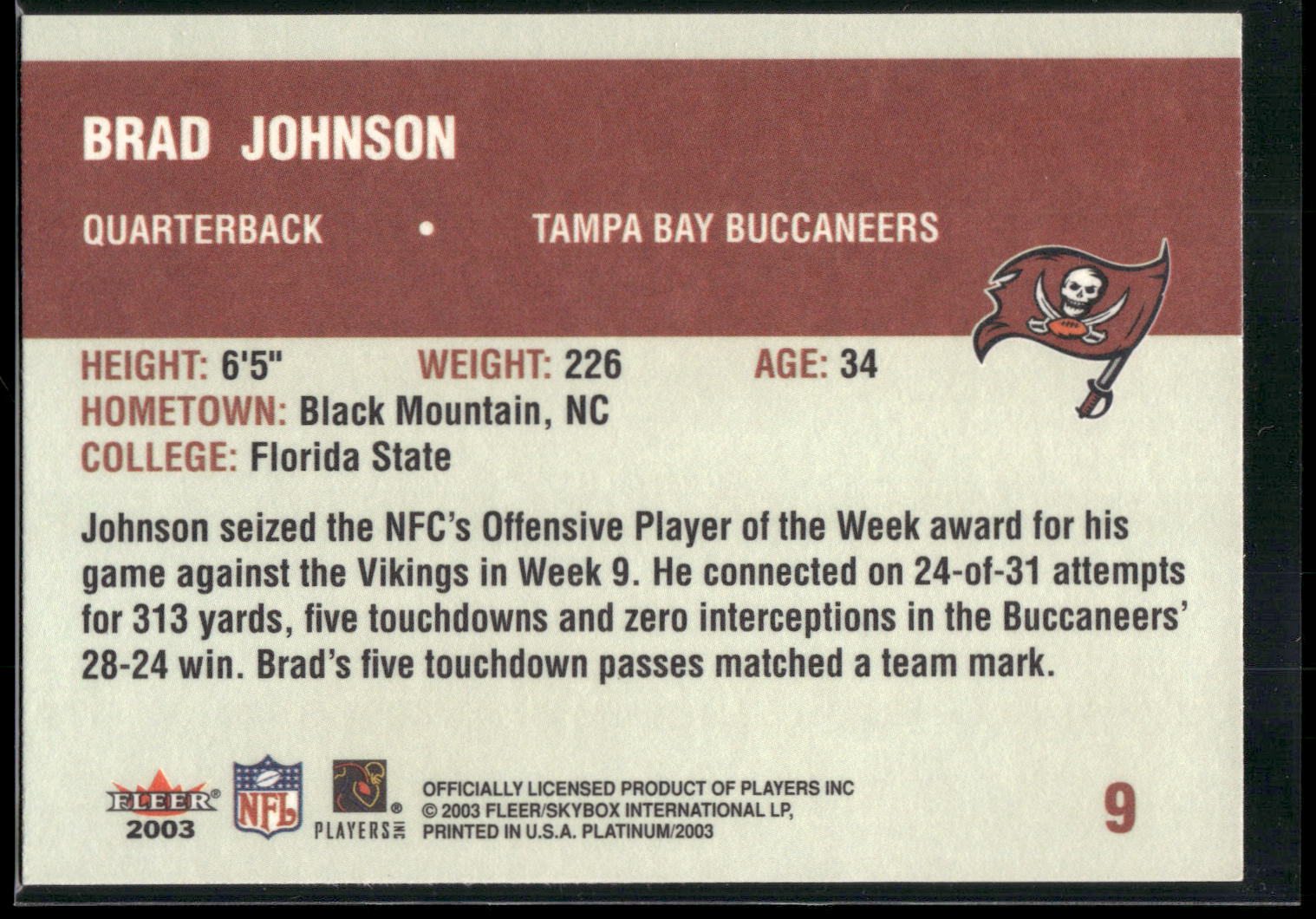 2003 Fleer Platinum #9 Brad Johnson