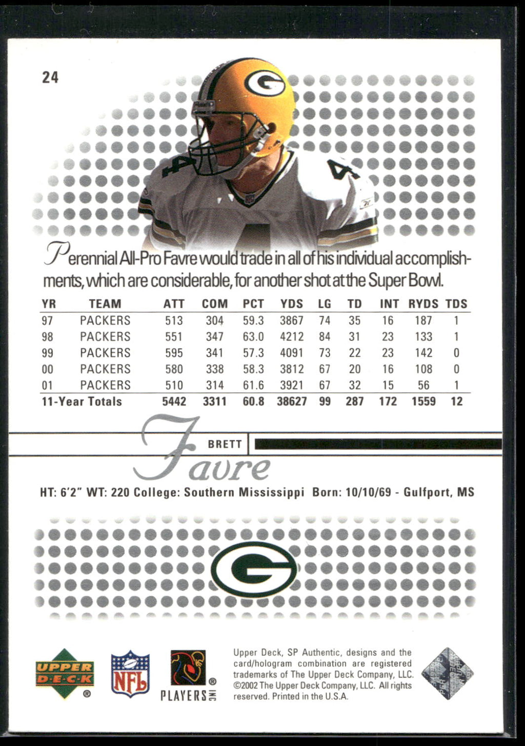2002 SP Authentic #24 Brett Favre