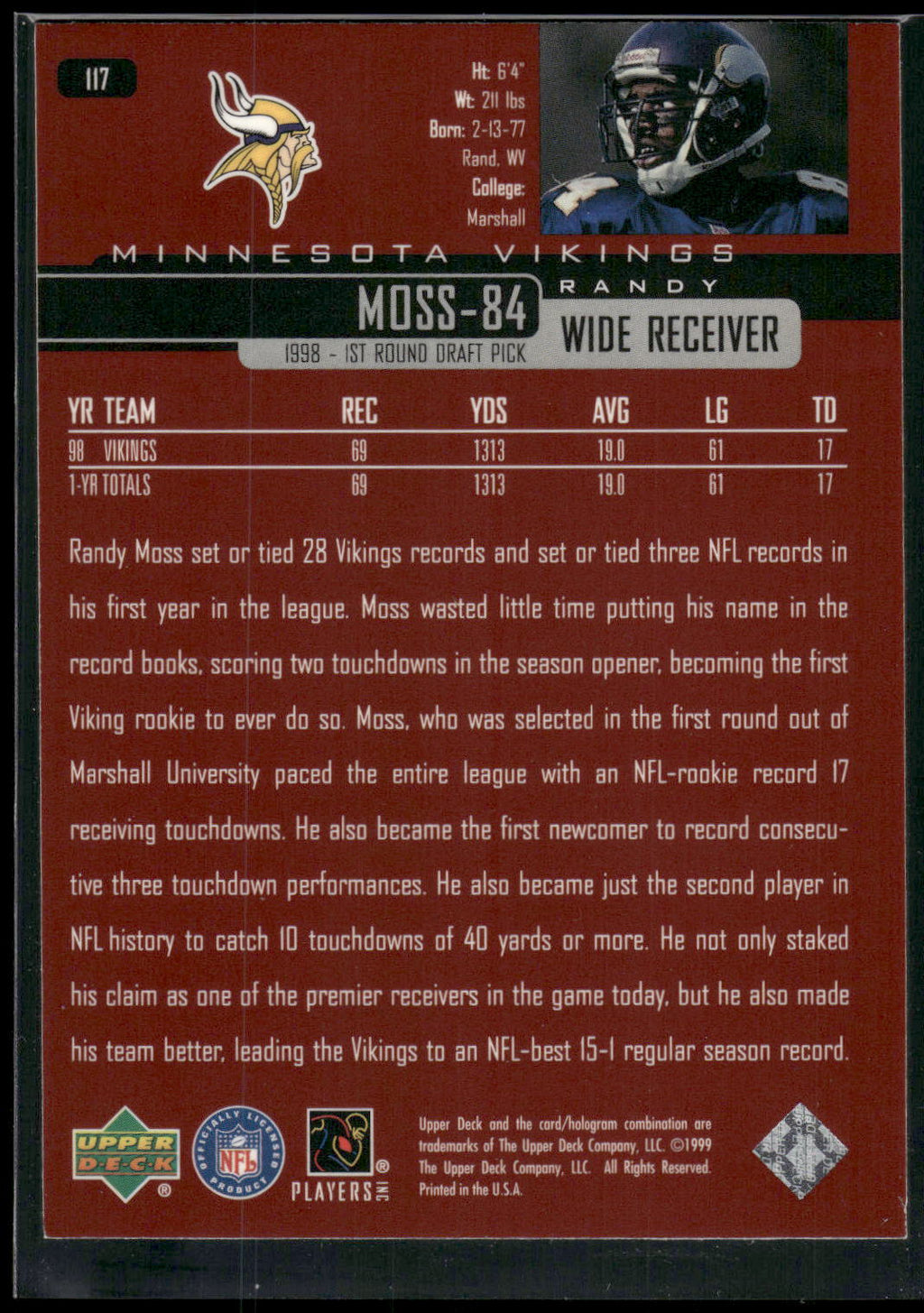 1999 Upper Deck #117 Randy Moss