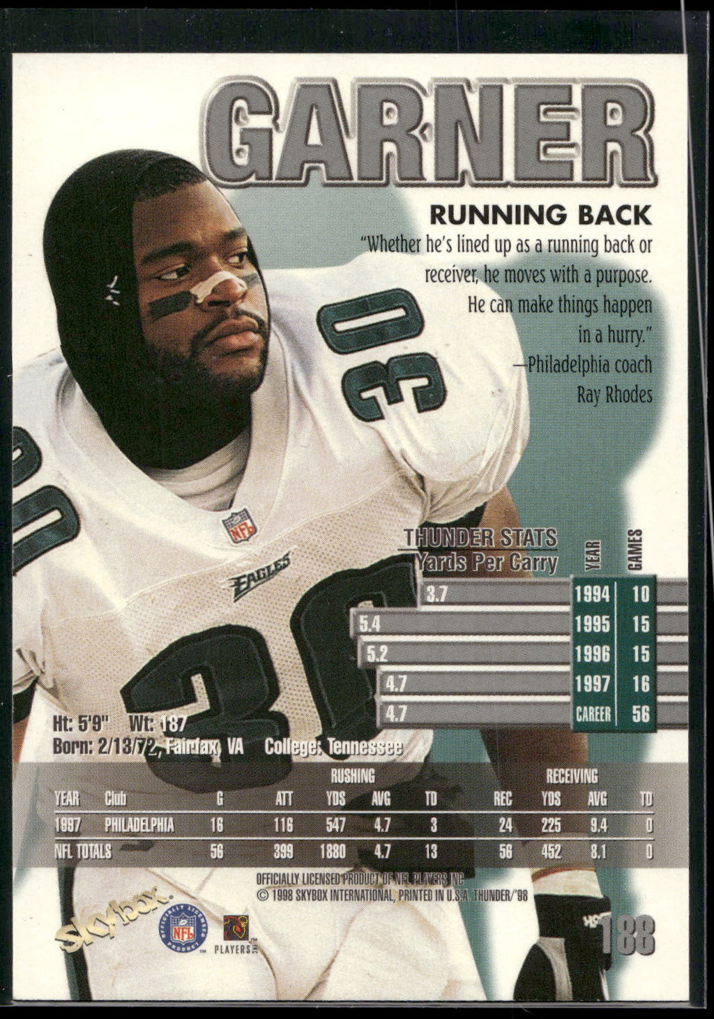 1998 SkyBox Thunder #188 Charlie Garner