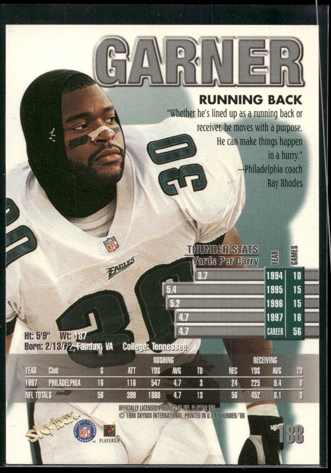 1998 SkyBox Thunder #188 Charlie Garner