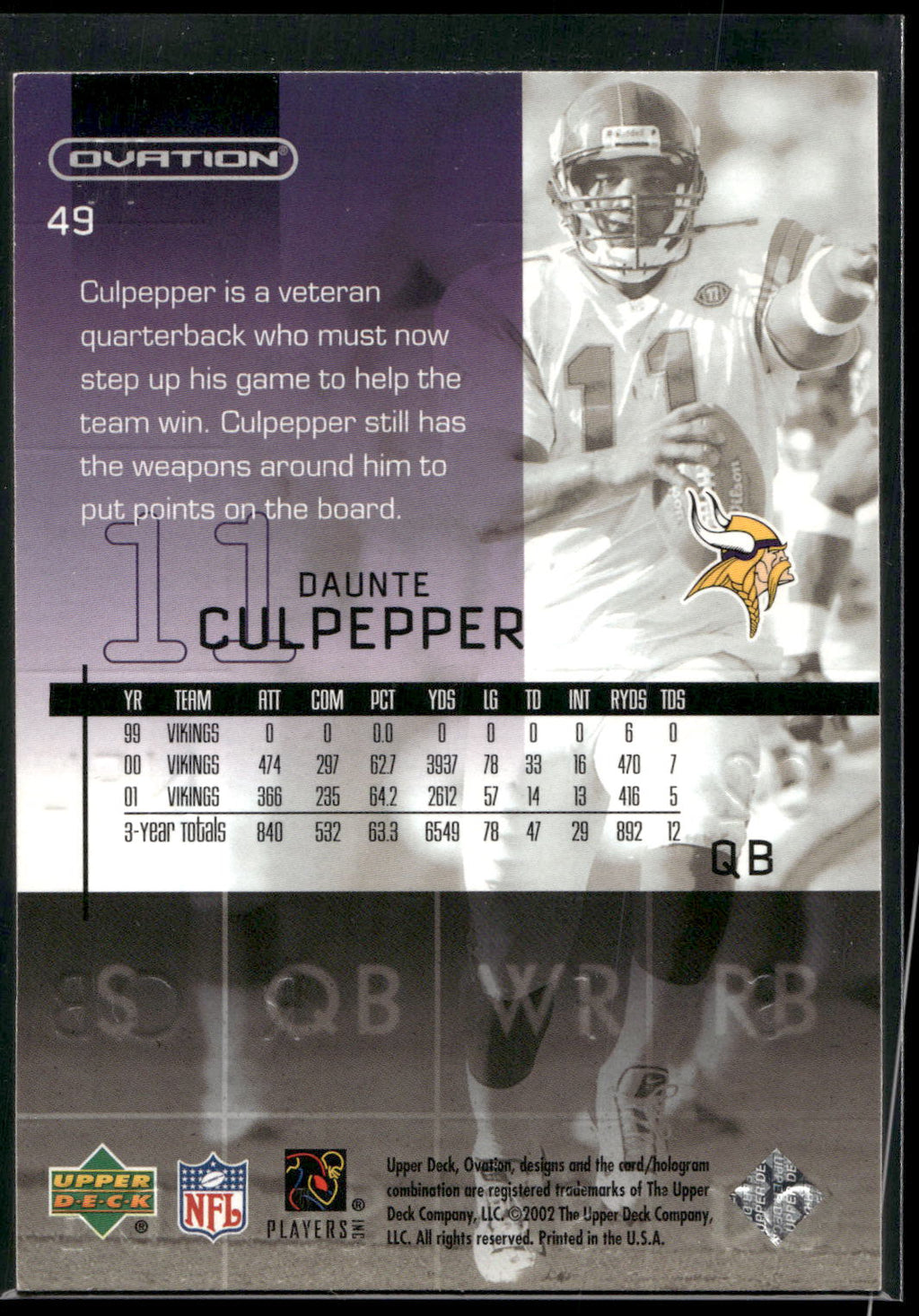 2002 Upper Deck Ovation #49 Daunte Culpepper