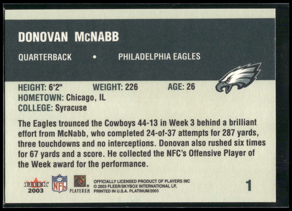 2003 Fleer Platinum #1 Donovan McNabb