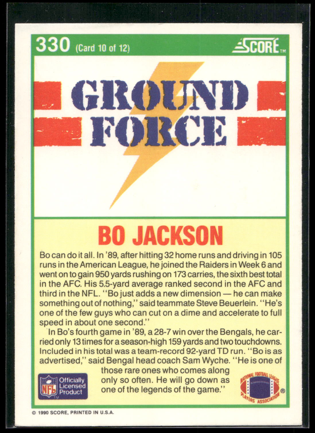 1990 Score #330 Bo Jackson