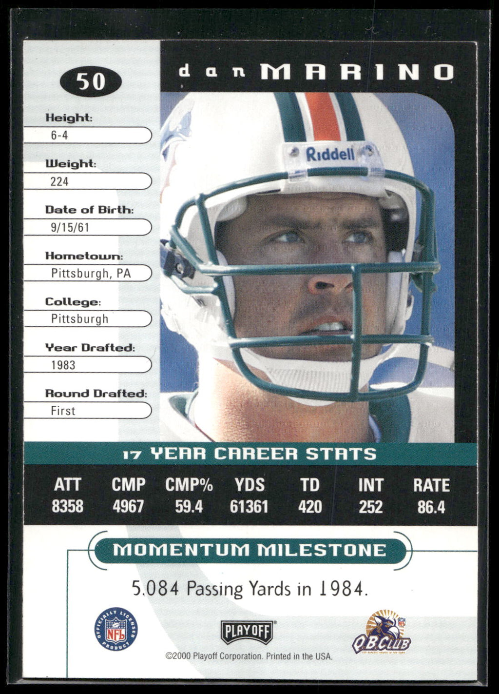 2000 Playoff Momentum #50 Dan Marino