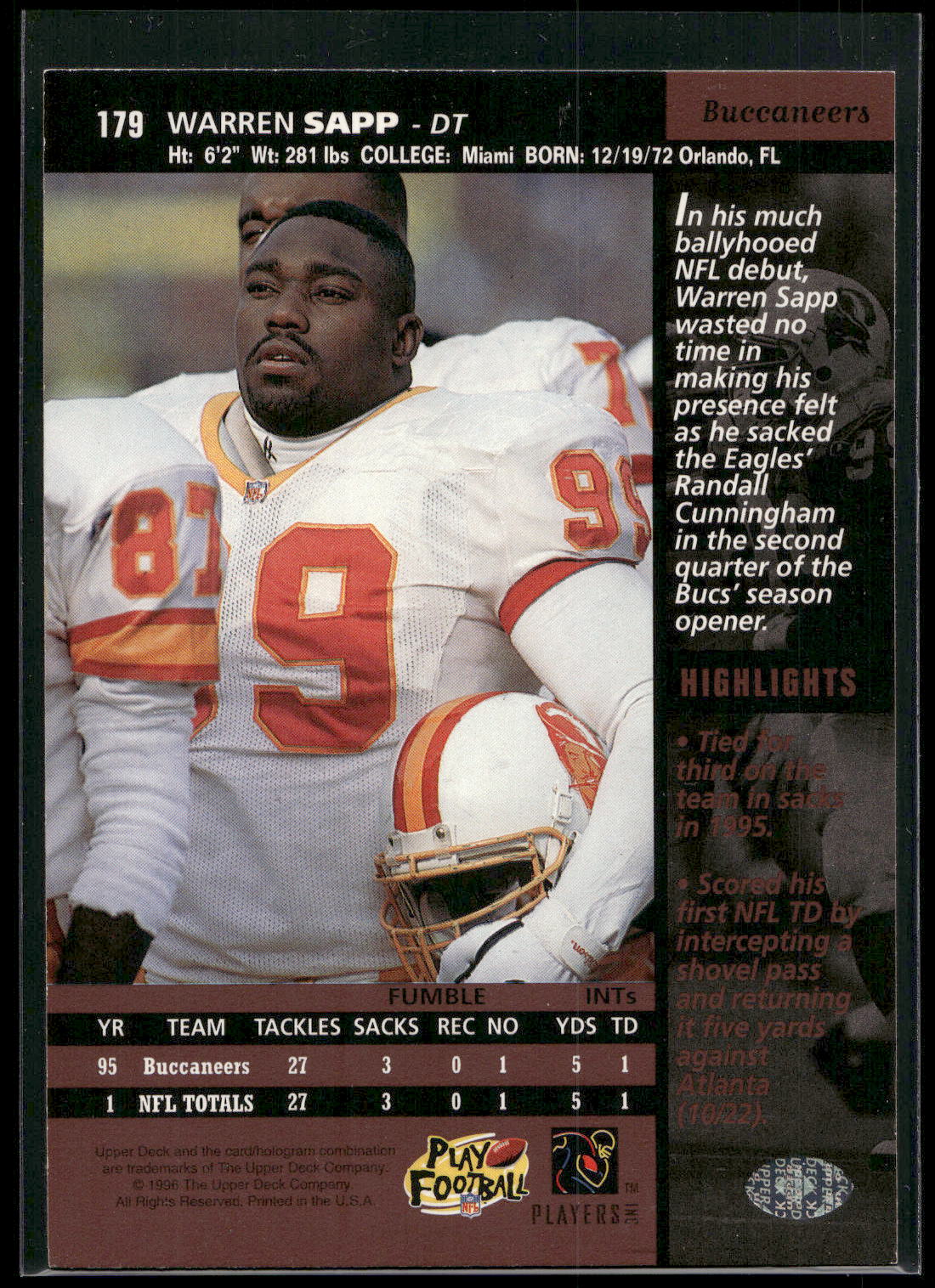 1996 Upper Deck #179 Warren Sapp