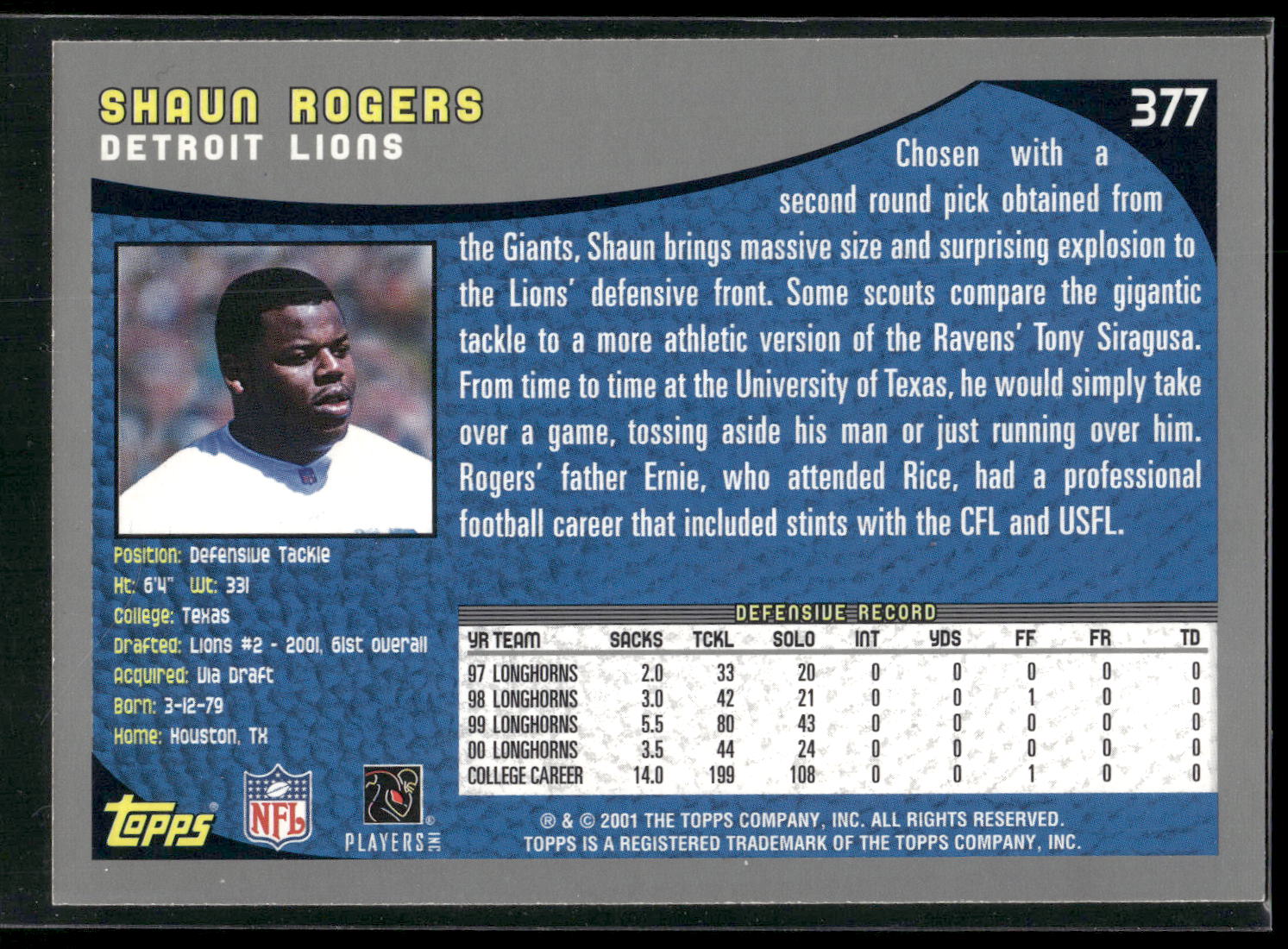 2001 Topps #377 Shaun Rogers
