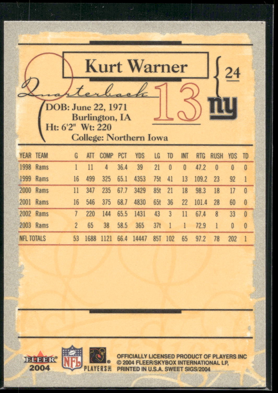 2004 Fleer Sweet Sigs #24 Kurt Warner