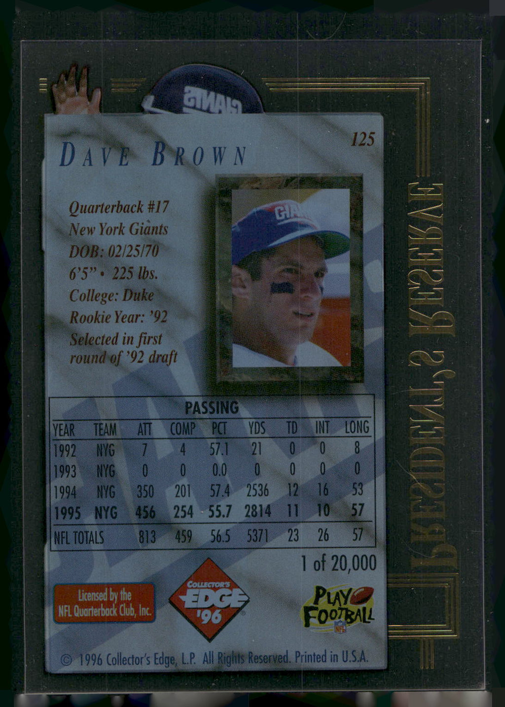 1996 Collector's Edge President's Reserve #125 Dave Brown