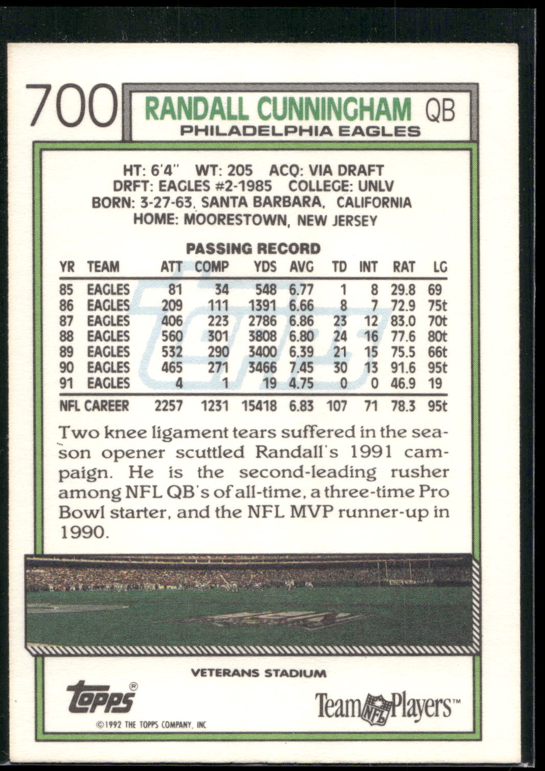 1992 Topps #700 Randall Cunningham