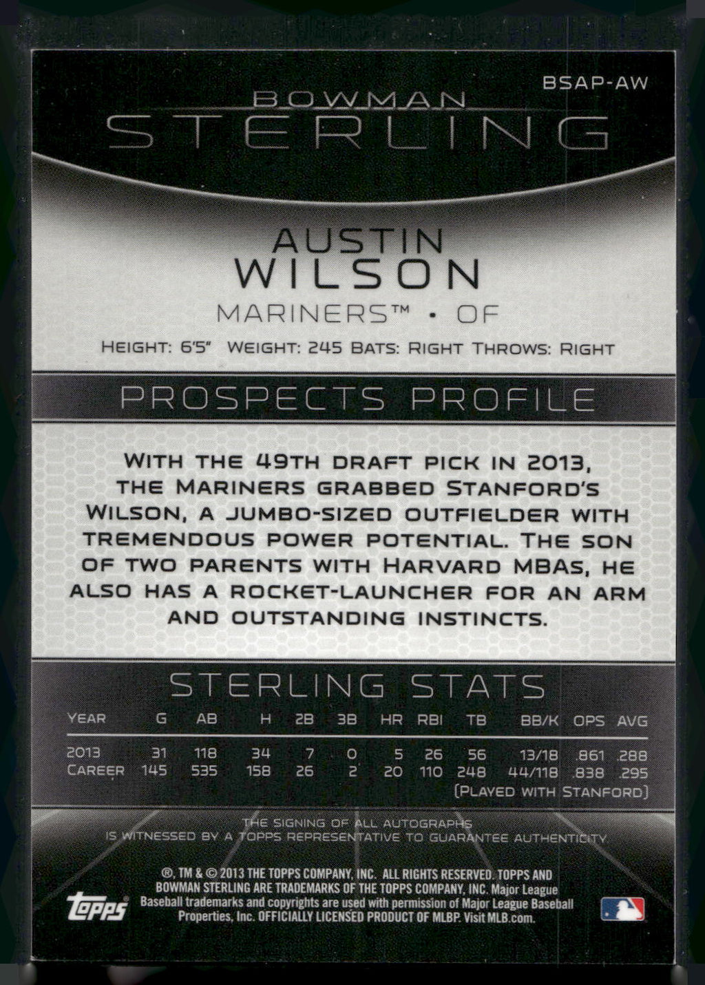 2013 Bowman Sterling #BSAP-AW Austin Wilson Prospect Autographs
