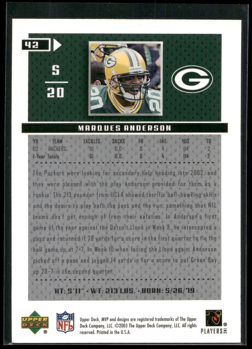2003 Upper Deck MVP #42 Marques Anderson