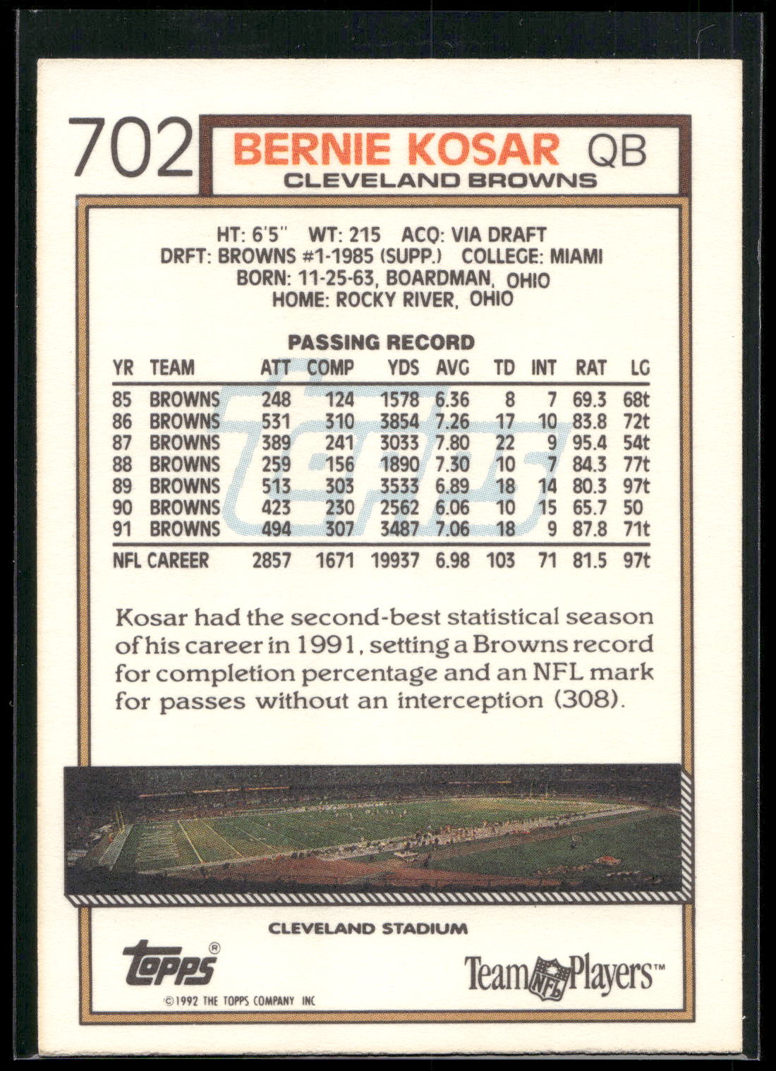 1992 Topps #702 Bernie Kosar