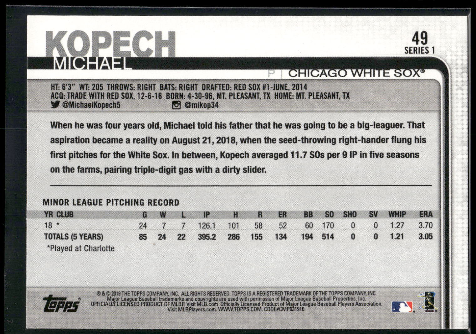 2019 Topps #49 Michael Kopech