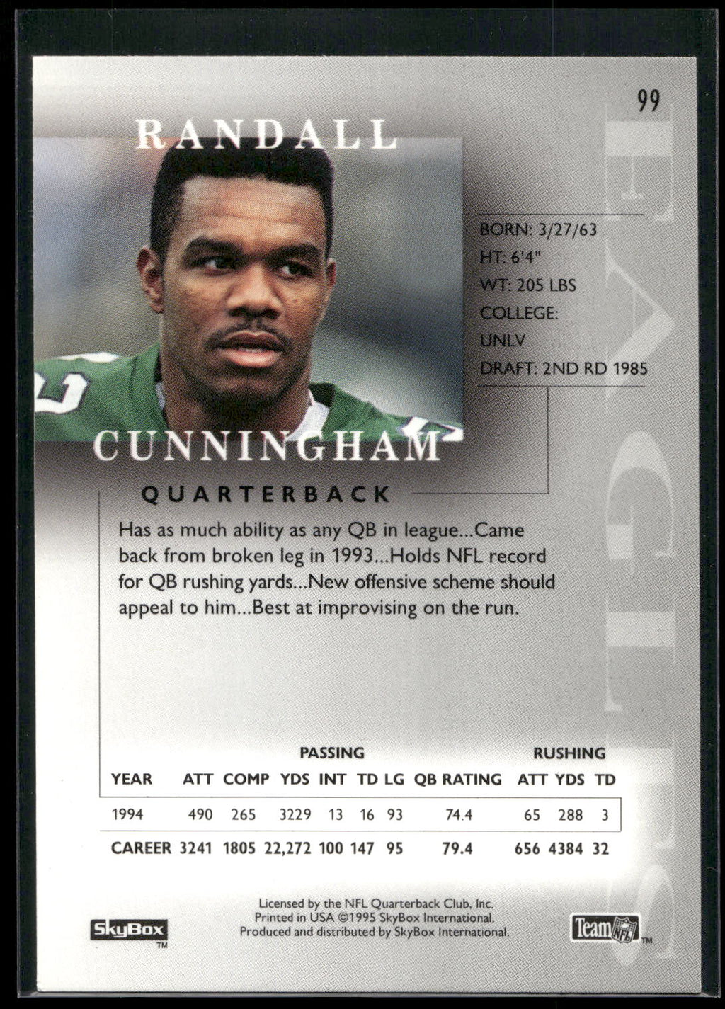 1995 SkyBox Premium #99 Randall Cunningham