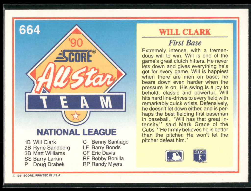 1991 Score #664 Will Clark