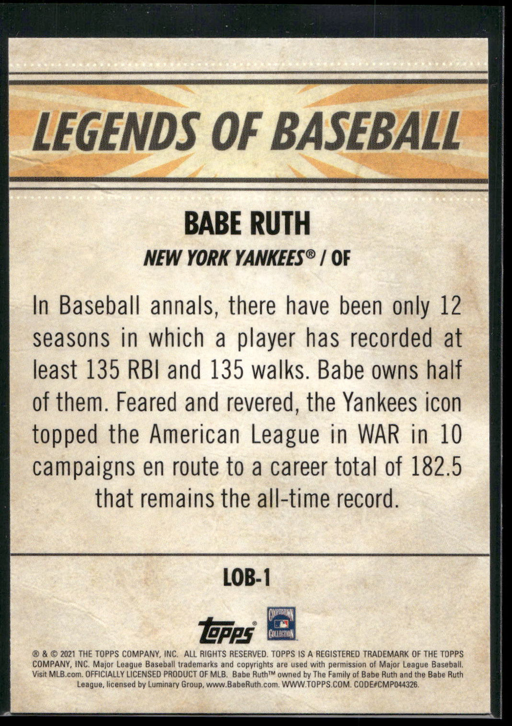 2021 Topps Opening Day #LOB-1 Babe Ruth Legends of Baseball